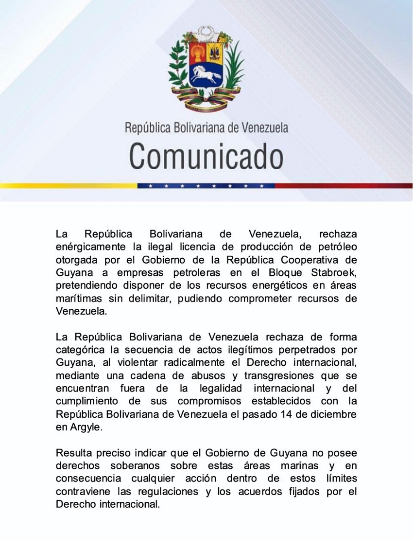 Venezuela rechaza «la ilegal licencia de producción de petróleo» otorgada por Guyana en el Bloque Stabroek