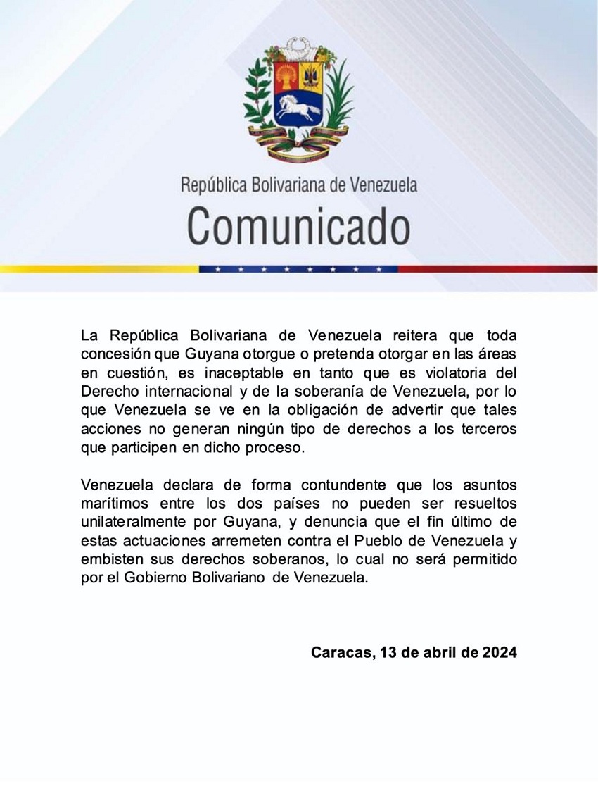 Venezuela rechaza «la ilegal licencia de producción de petróleo» otorgada por Guyana en el Bloque Stabroek