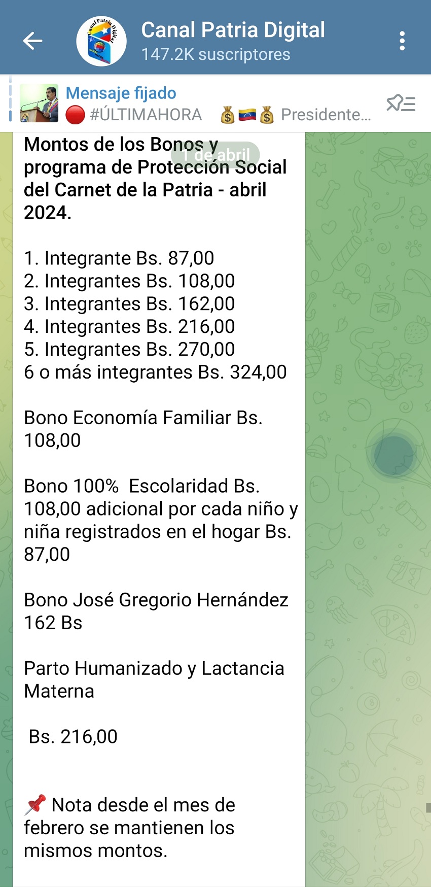 Sin aumento: Estos los montos de los bonos y programas sociales del sistema Patria del mes de abril