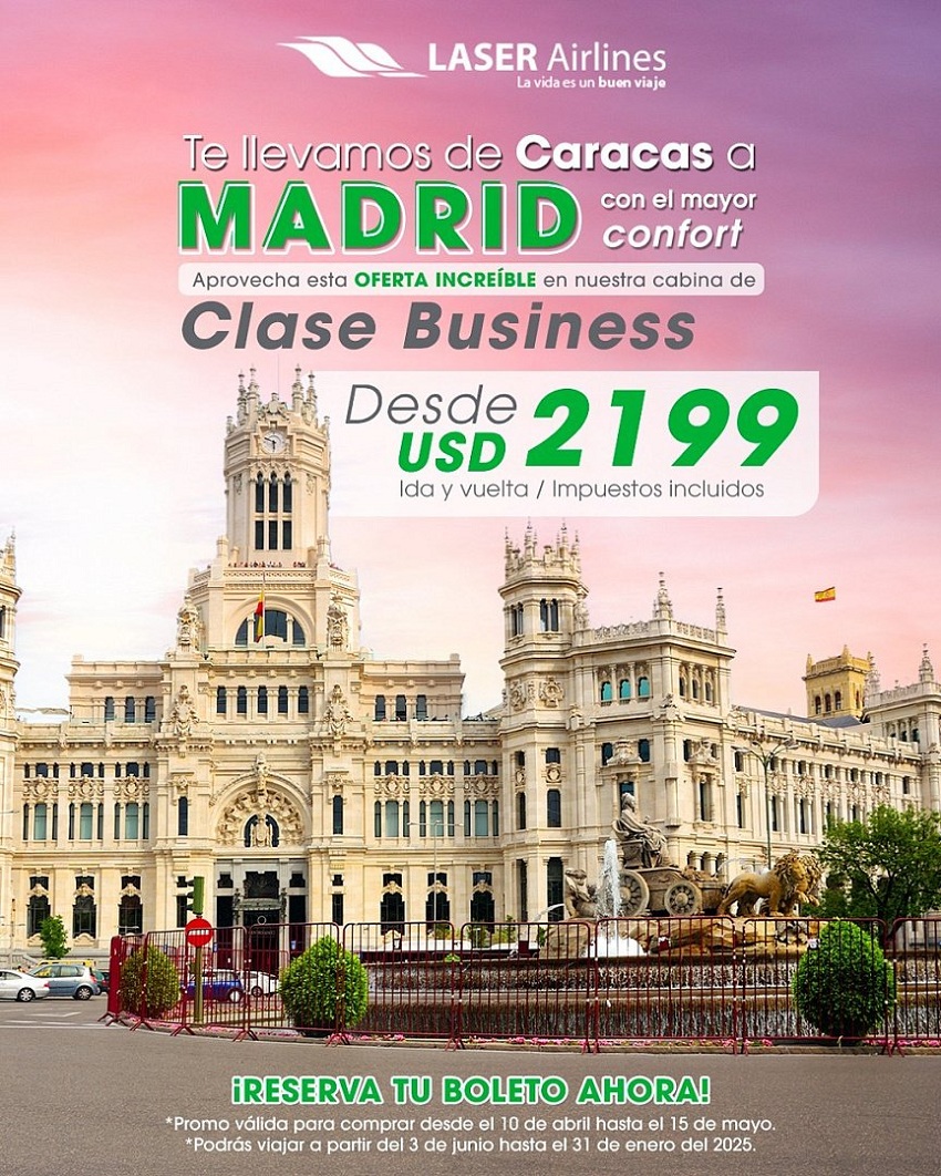 Desde US$ 2.199: Laser Airlines abre la clase Business para la conexión Caracas-Madrid (+detalles)