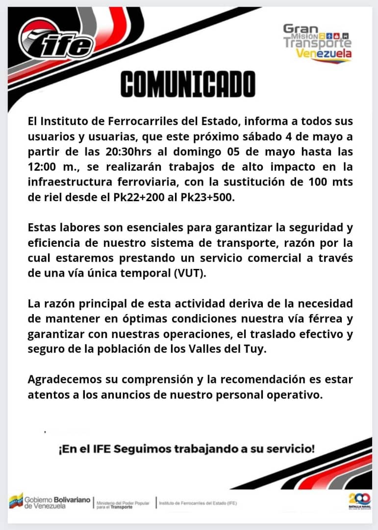 Cambiarán 100 metros de riel: IFE realizará trabajos de alto impacto en las vías ferroviarias este 4 y 5 de mayo