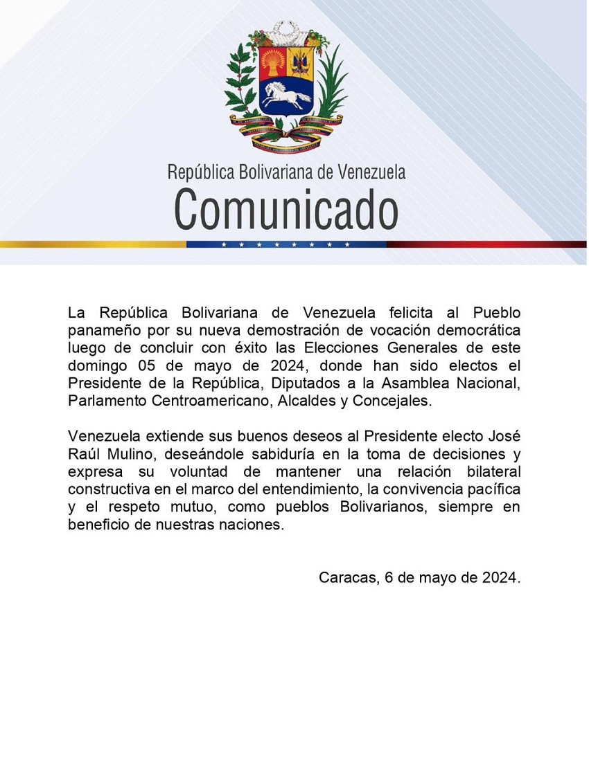 Venezuela expresa a Mulino su voluntad de «mantener una relación constructiva» con Panamá