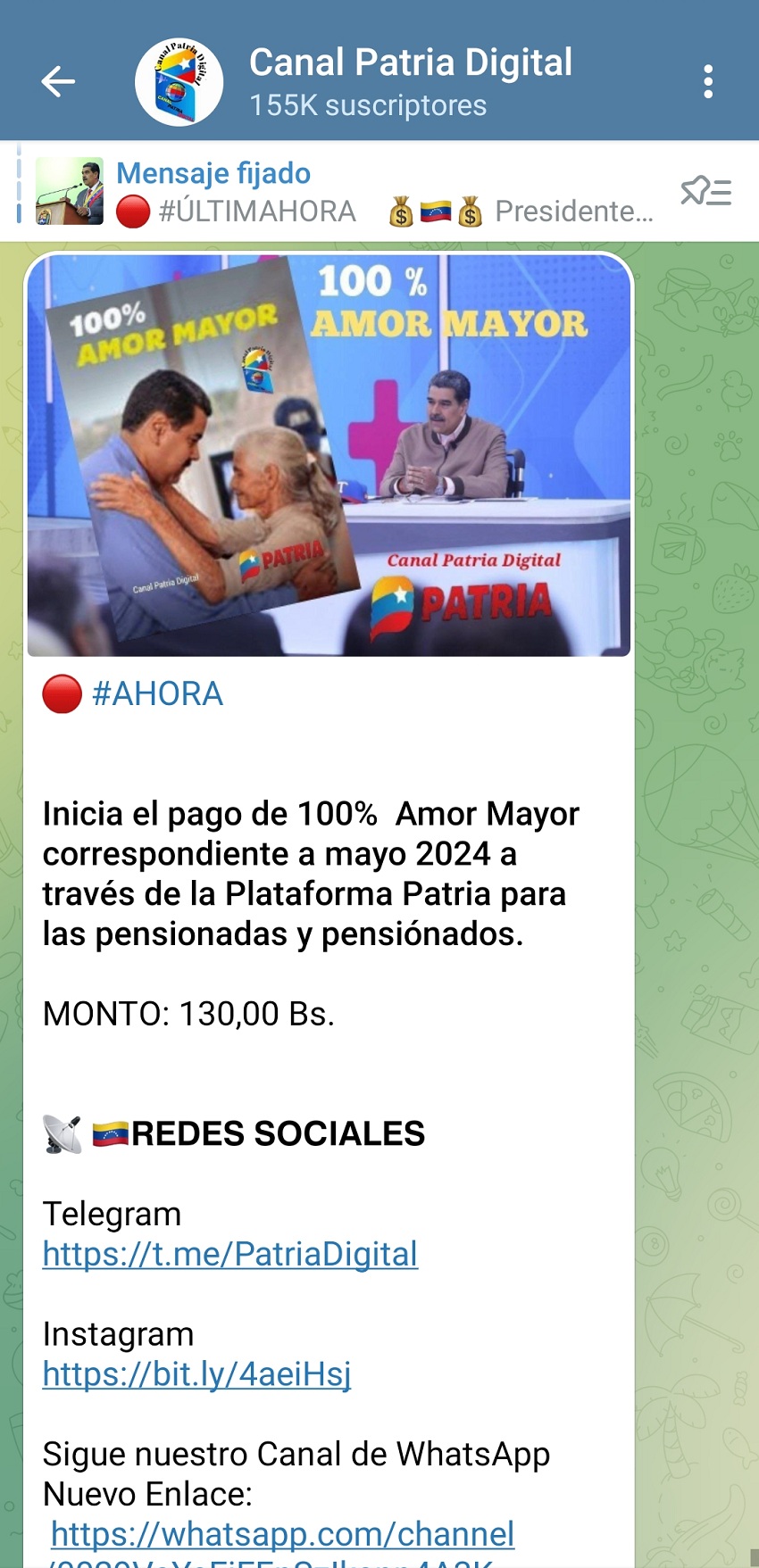Pagan «Gran Misión 100% Amor Mayor» de mayo a través de la plataforma Patria (+monto)