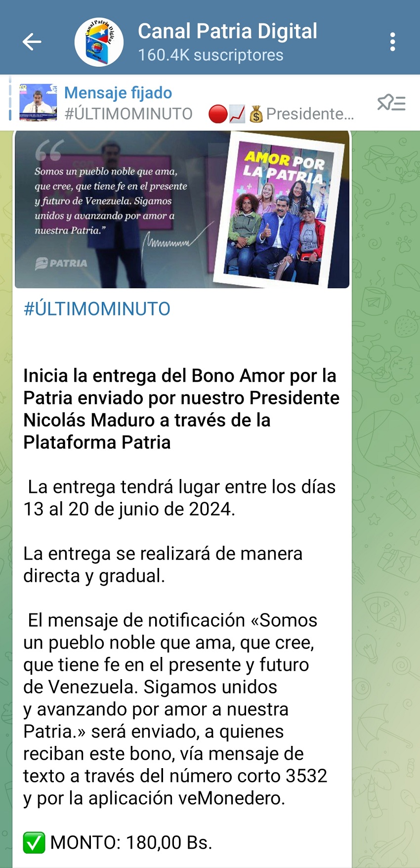 Un nuevo estipendio: Pagan el bono «Amor por la Patria» por US$ 4 a través de la plataforma Patria