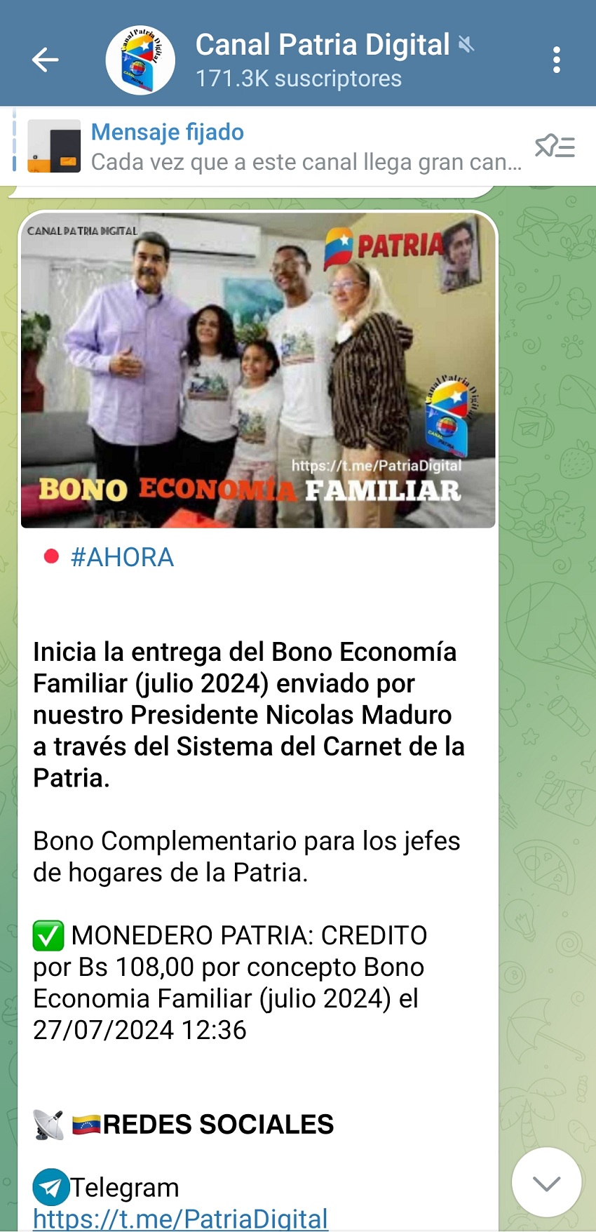 Por US$ 2,95: Pagan bono «Economía Familiar» de julio a través del Carnet de la Patria