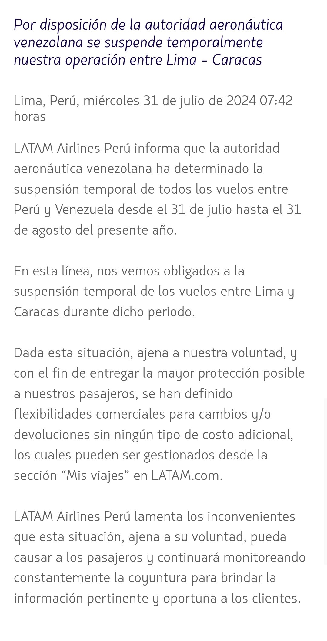 Vuelos entre Venezuela y Perú están suspendidos hasta el #31Ago por ruptura de relaciones