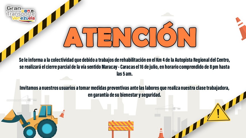Desde las 8 pm: Cerrarán este #16Jul parcialmente el Km 4 de la Autopista Regional del Centro por mantenimiento