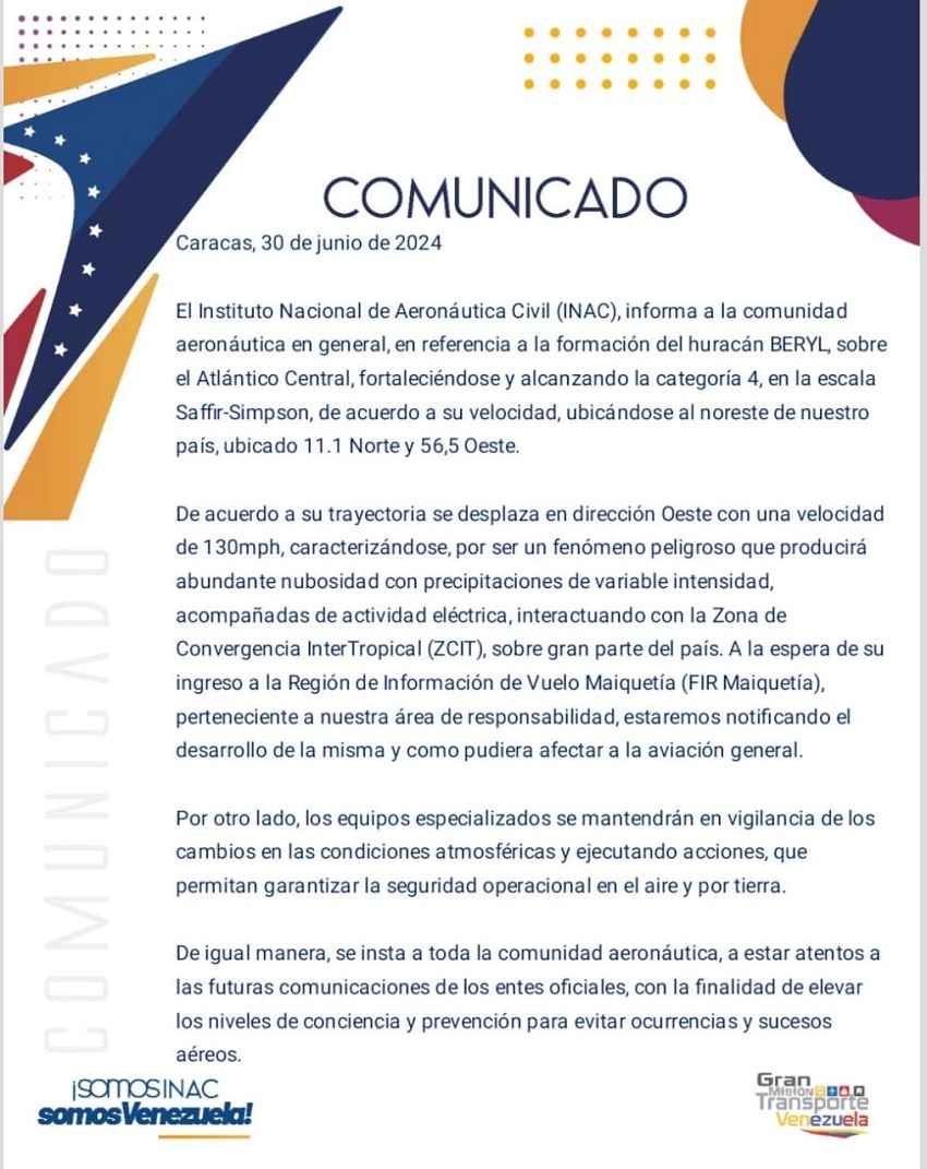 Autoridades aeronáuticas de Venezuela están en alerta ante el huracán Beryl de categoría 4