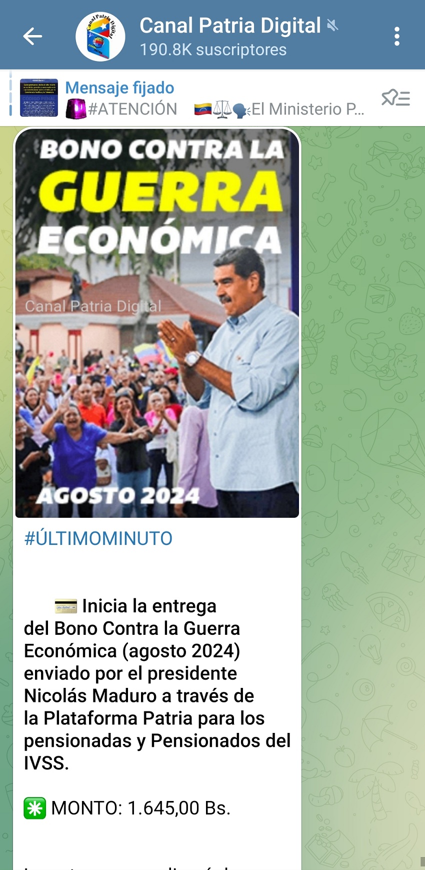 Pagan bono «Contra la Guerra Económica» a pensionados y cubre el 8% de la Canasta Alimentaria