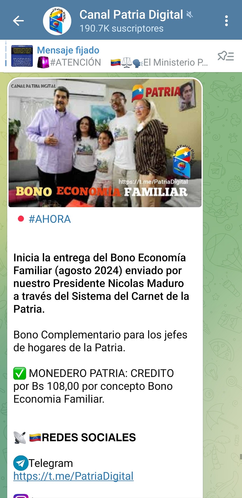 Pagan el bono «Economía Familiar» de agosto a jefes de hogares de la patria por US$ 2,95