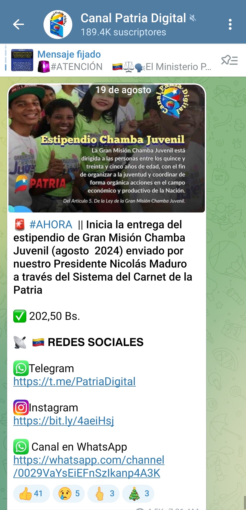 Pagan estipendio «Somos Venezuela» y «Chamba Juvenil» de agosto: El monto equivale a US$ 5