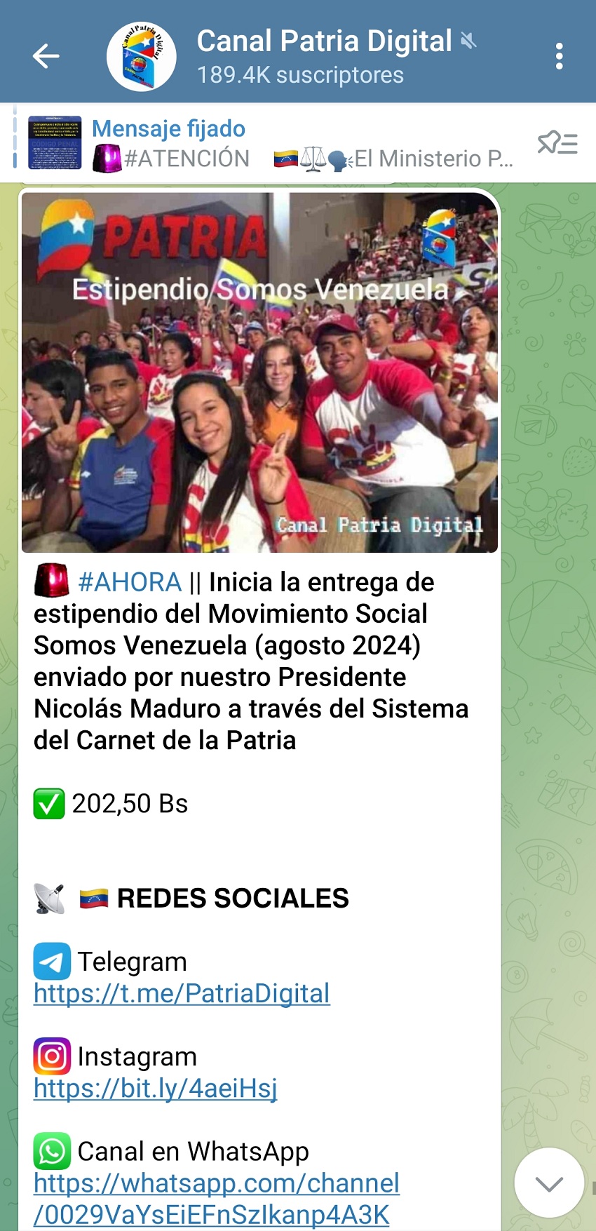 Pagan estipendio «Somos Venezuela» y «Chamba Juvenil» de agosto: El monto equivale a US$ 5
