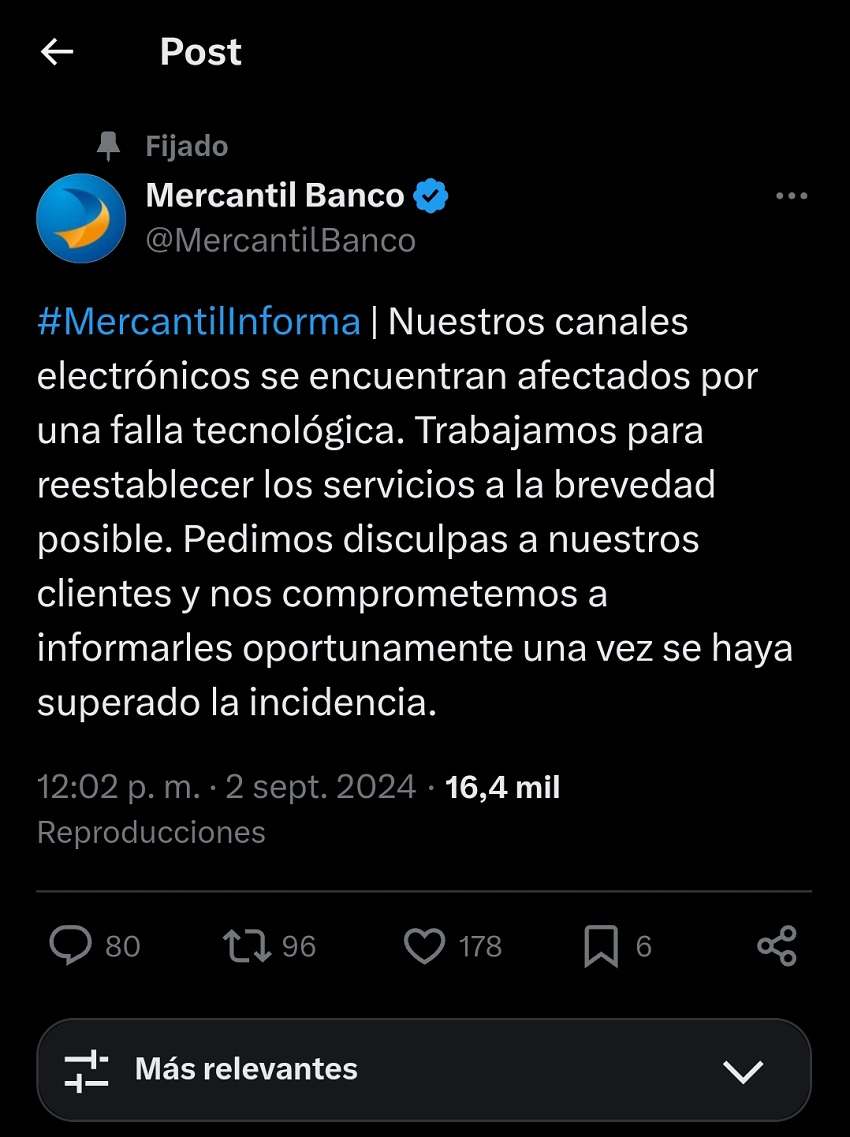 Canales electrónicos del Banco Mercantil se encuentran afectados «por una falla tecnológica»