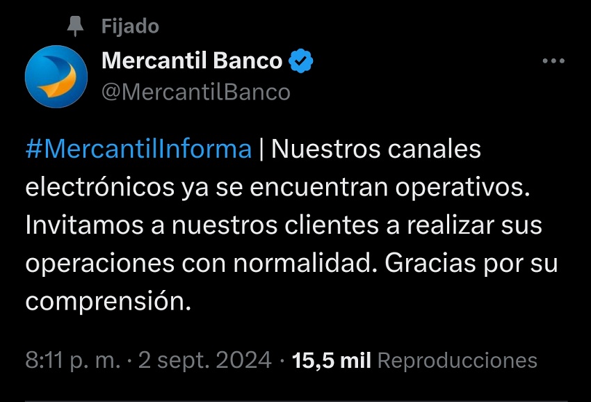 Canales electrónicos del Banco Mercantil ya se encuentran operativos