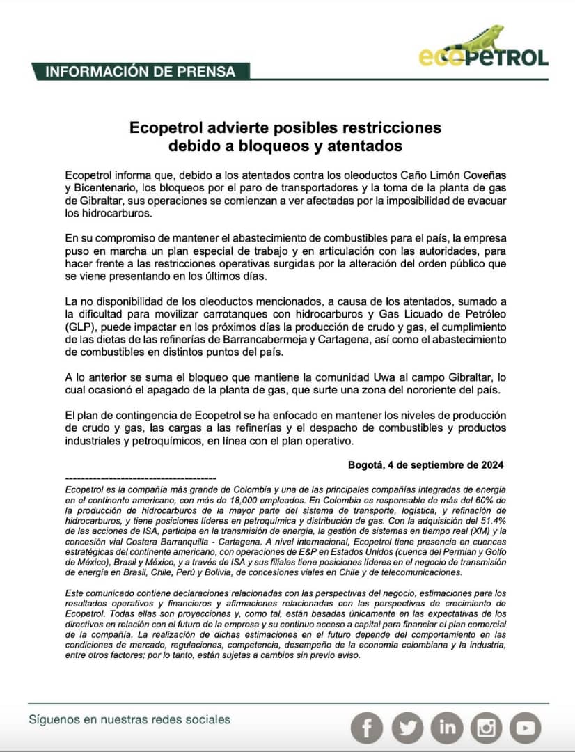 Ecopetrol activa plan de contigencia ante posibles restricciones en producción y distribución de crudo y gas
