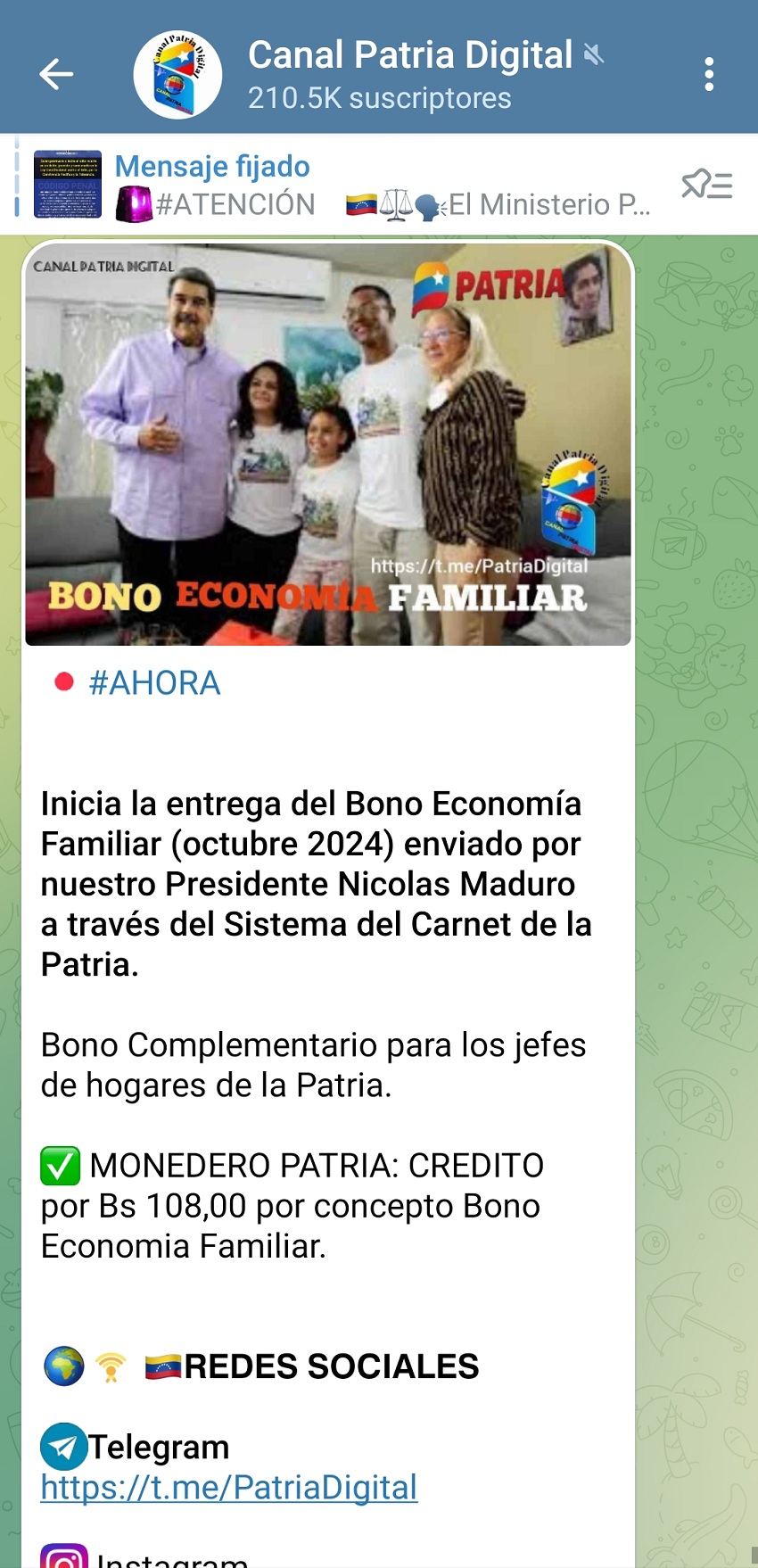 Equivale a US$ 2,58: Pagan el bono «Economía Familiar» de octubre a jefes de hogares de la patria