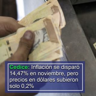 Cedice: Inflación se disparó 14,47% en noviembre, pero precios en dólares subieron solo 0,2%