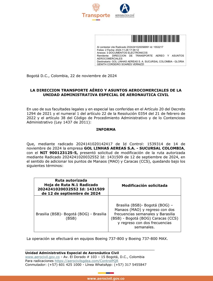 Volaría 2 veces a la semana: GOL Linhas Aéreas solicitó permiso para operar en la ruta Brasilia-Bogotá-Caracas