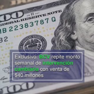 BCV repite monto semanal de intervención cambiaria con venta de US$40 millones este #03Feb