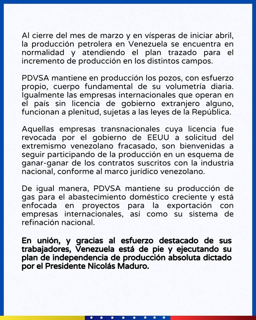 Producción petrolera en Venezuela «se encuentra en normalidad»: PDVSA está enfocada en proyectos para exportar gas