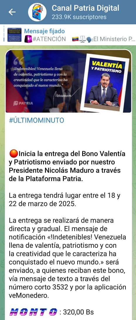 Inician entrega de Bono «Valentía y Patriotismo»: equivale a US$4,73
