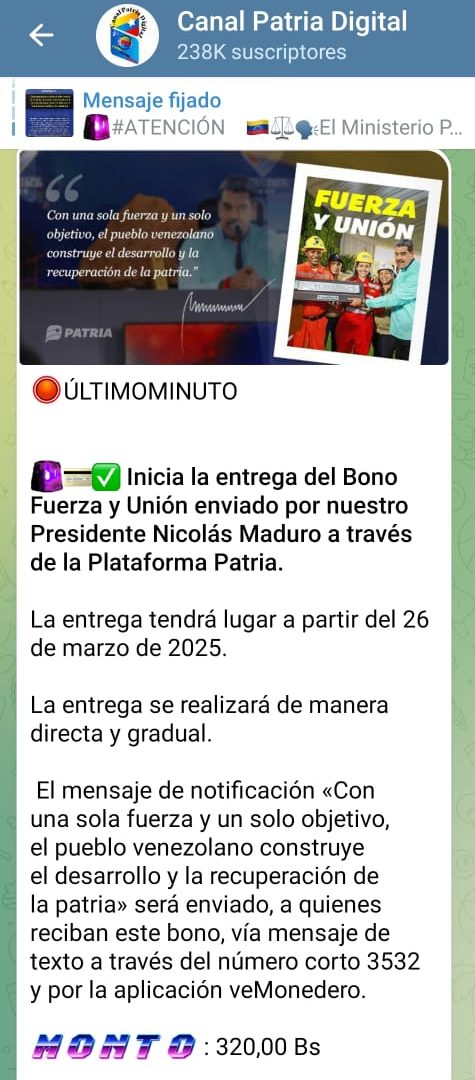 Inician pago del Bono «Fuerza y Unión»: equivale a US$4,63