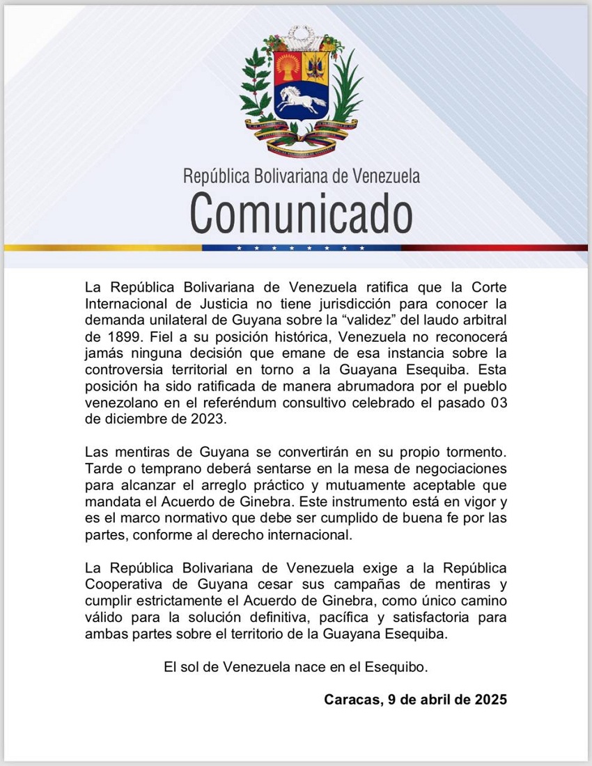 Venezuela: «Tarde o temprano» Guyana deberá negociar ante disputa por el Esequibo