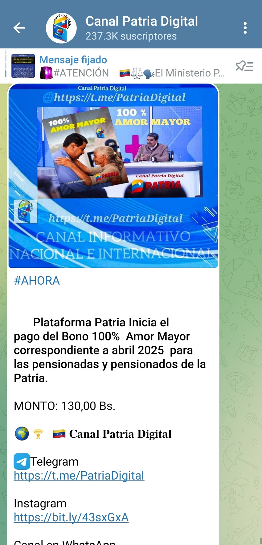 Equivale a US$ 1,80: Pagan bono «100% Amor Mayor» de abril por la Plataforma Patria