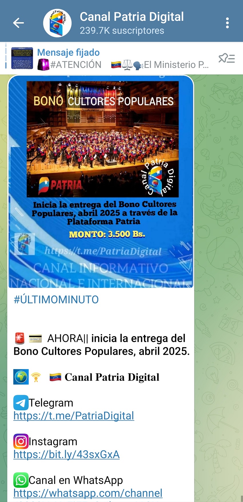 Aumentó levemente en bolívares: Pagan el bono «Cultores Populares» de abril (+monto)