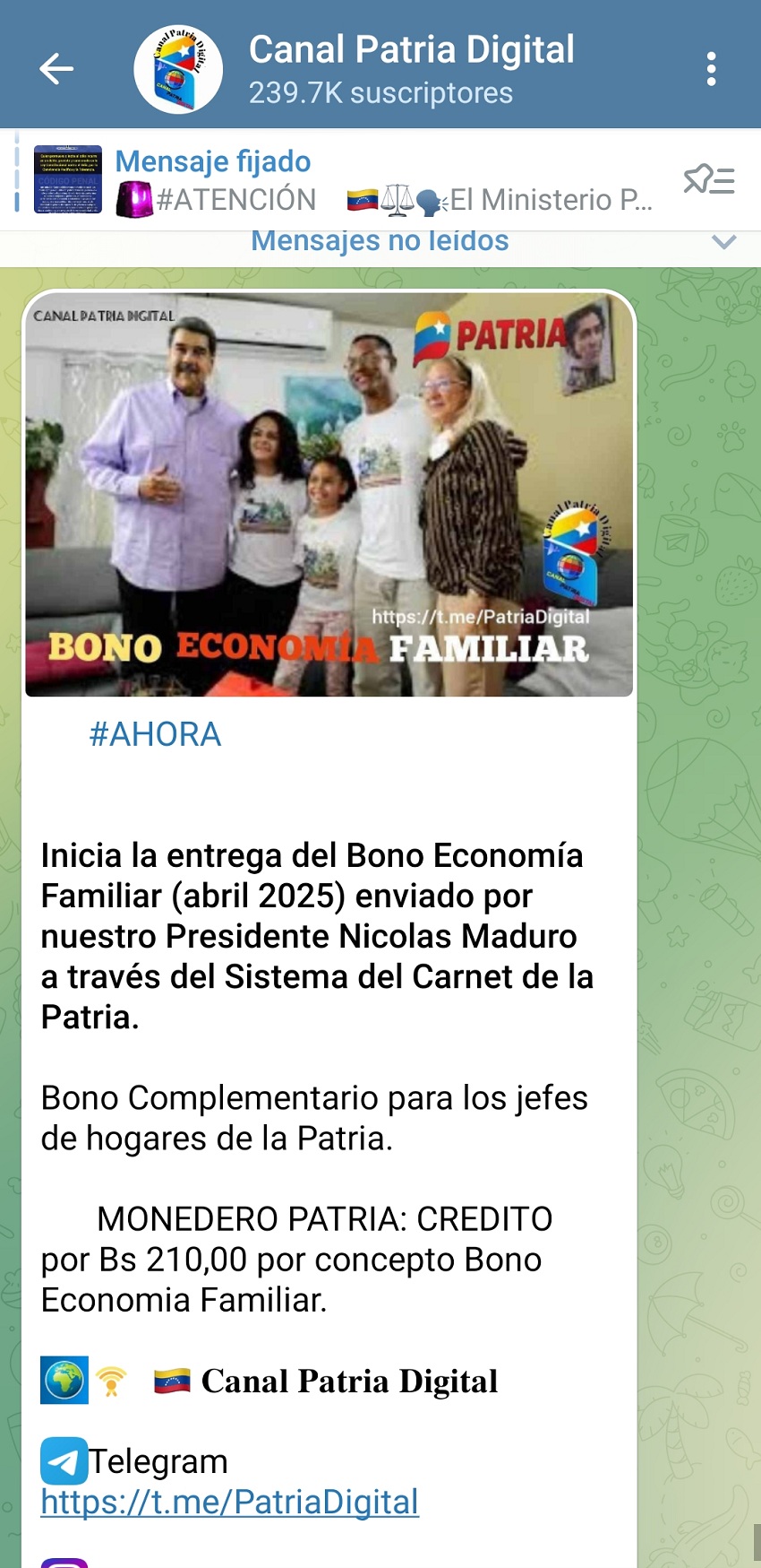 Pagan bono «Economía Familiar» de abril a jefes de hogares de la patria: Incrementó 9% en bolívares