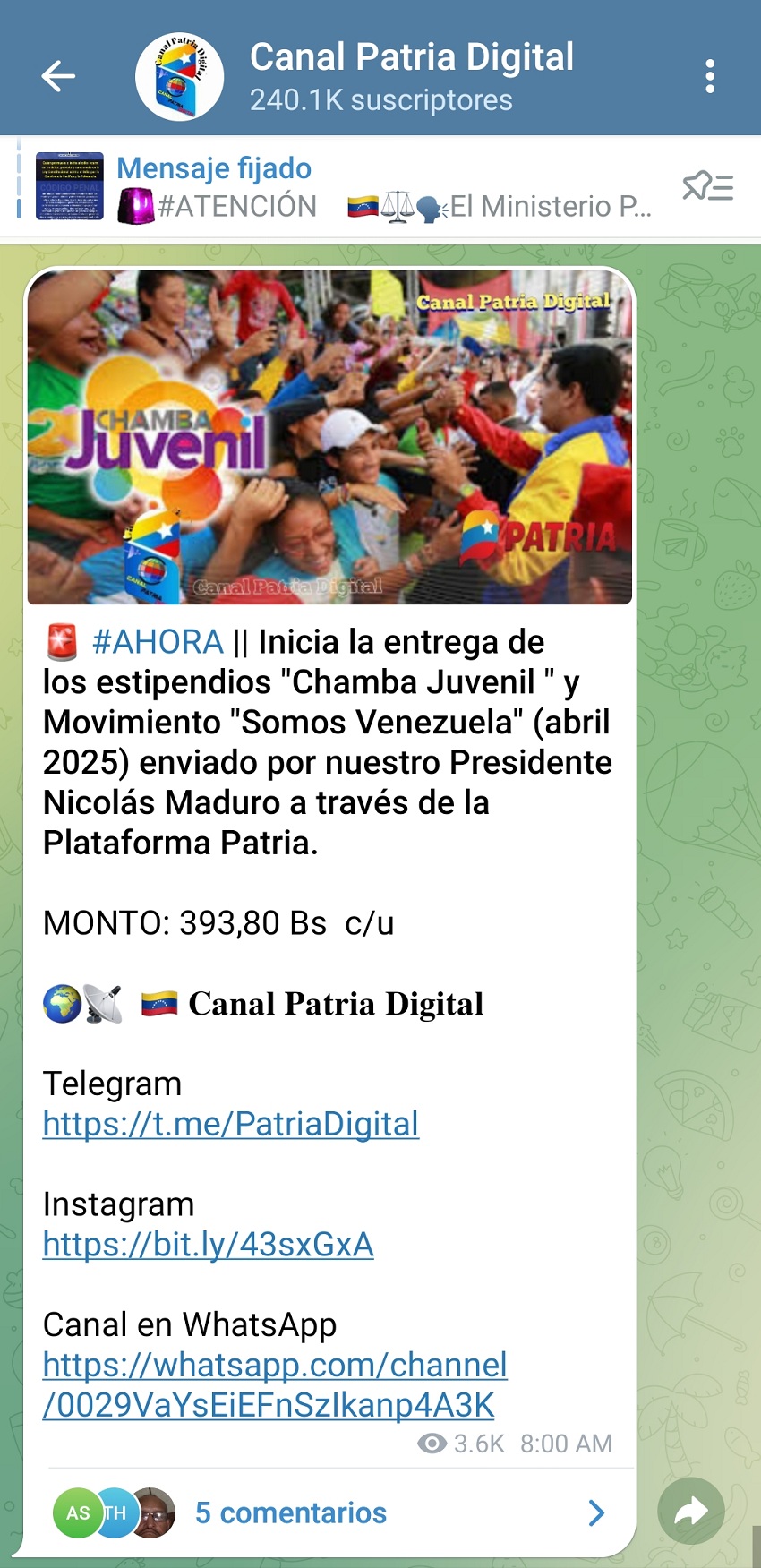 Aumentó en bolívares pero disminuyó en divisas: Pagan estipendio «Somos Venezuela» y «Chamba Juvenil» de abril