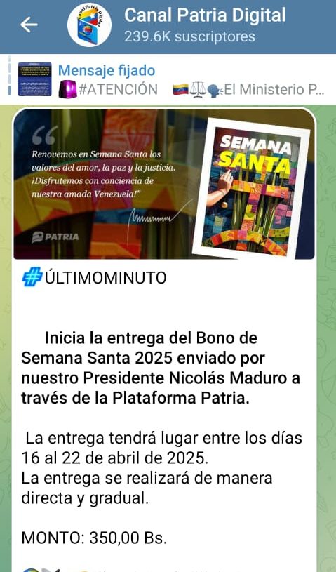 Inician el pago del Bono «Semana Santa 2025»: equivale a US$4,32