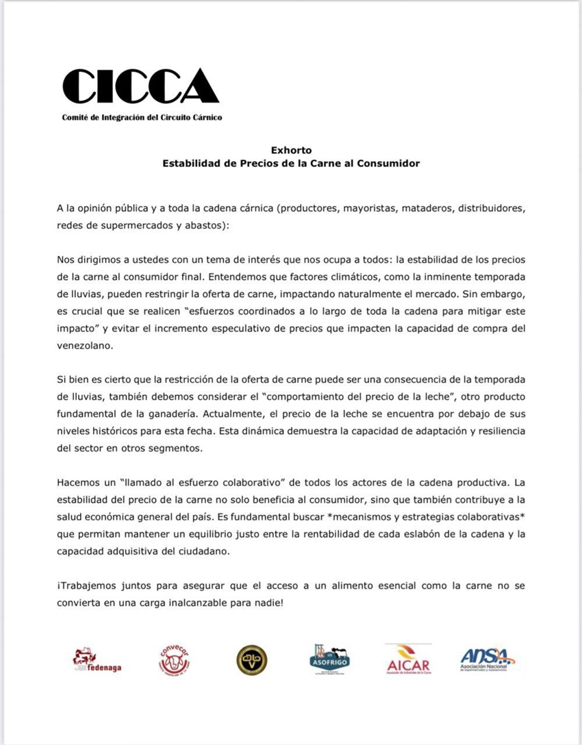 Cadena de la carne exhorta a «evitar el incremento especulativo de precios» en Venezuela