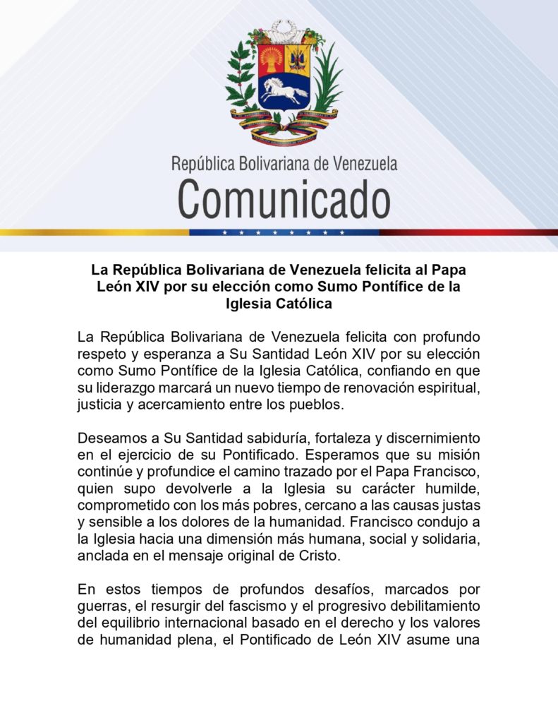 “Deseamos a Su Santidad sabiduría, fortaleza y discernimiento”: Venezuela felicita al nuevo Papa León XIV