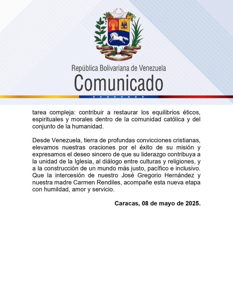 “Deseamos a Su Santidad sabiduría, fortaleza y discernimiento”: Venezuela felicita al nuevo Papa León XIV