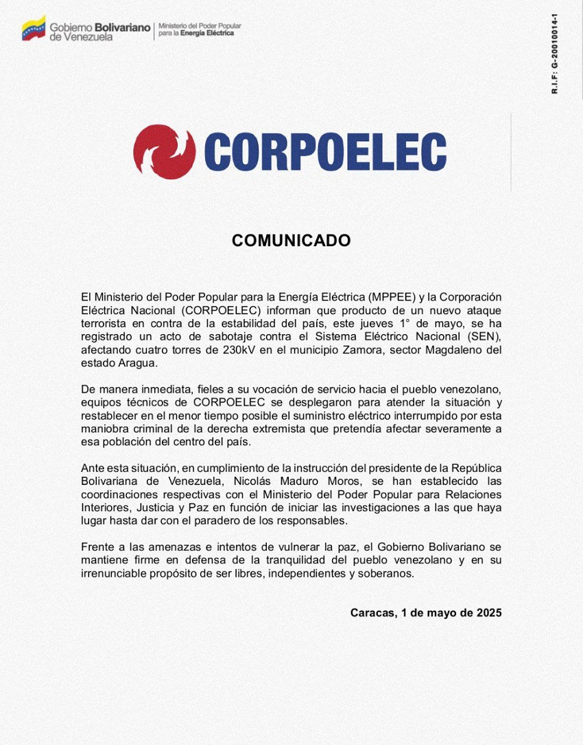 Venezuela denuncia «ataque terrorista» contra el sistema eléctrico en el estado Aragua