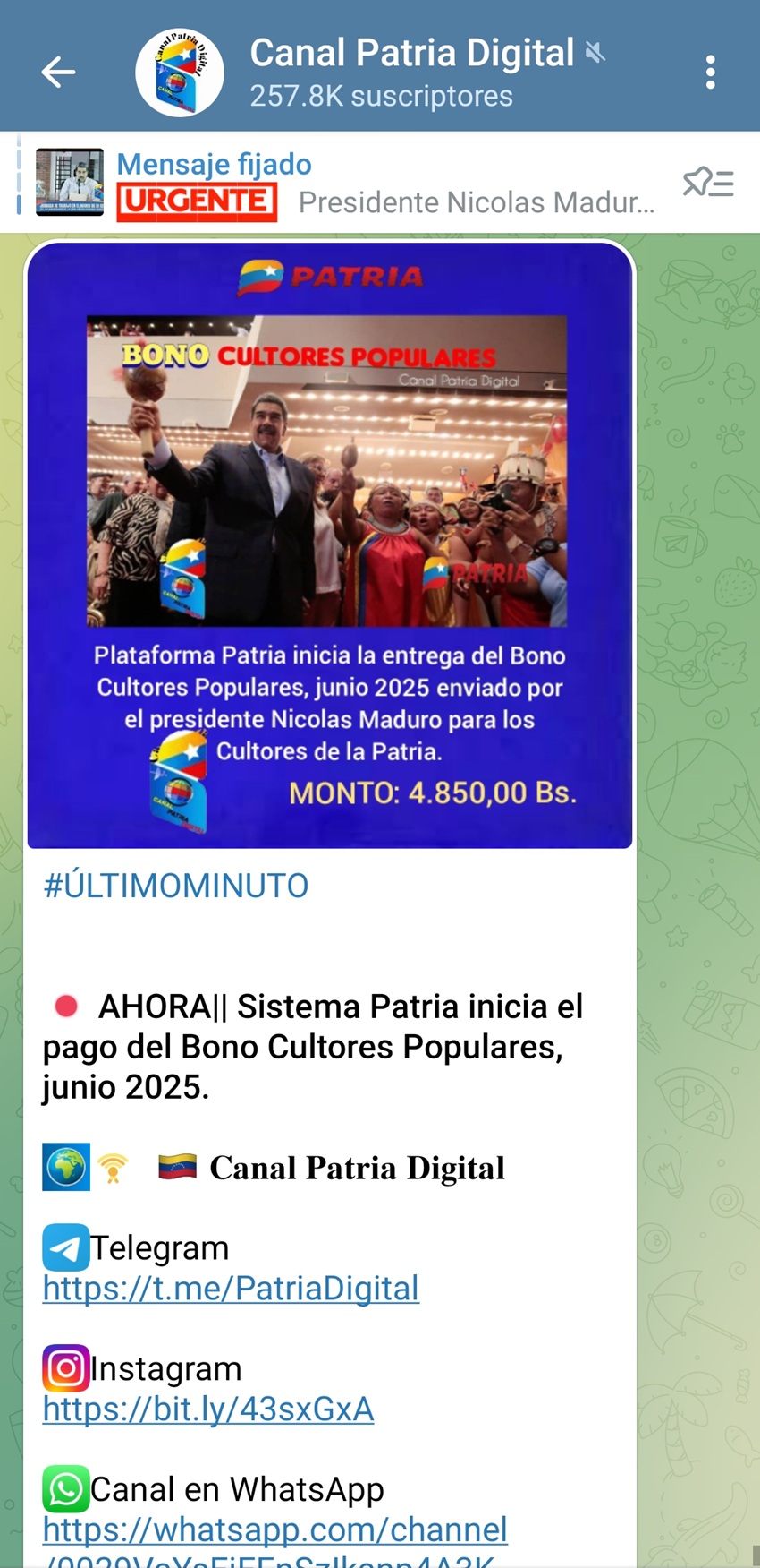 Pagan bono «Cultores Populares» de junio por Bs. 4.850: Tuvo un incremento de 4%