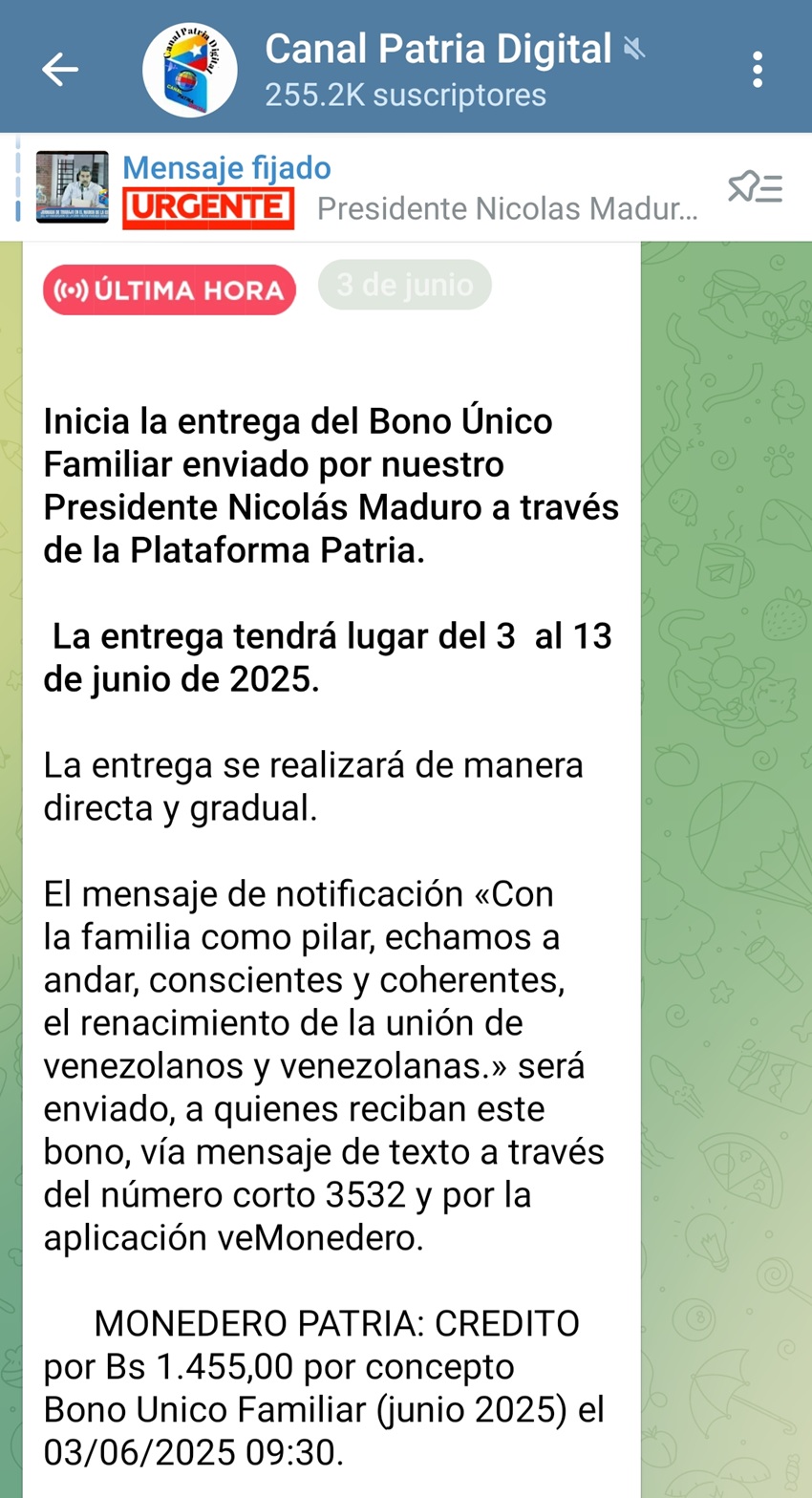 Pagan «Bono Único Familiar» de junio a través del Sistema Patria: Será distribuido mensualmente (+monto)