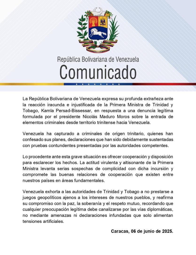 Gobierno de Venezuela exhorta a Trinidad y Tobago a no prestarse a «juegos geopolíticos»