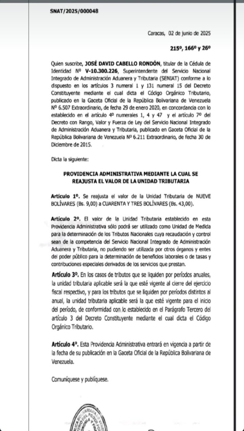 En Gaceta Oficial: Unidad Tributaria se reajusta y sube de 9 a 43 bolívares