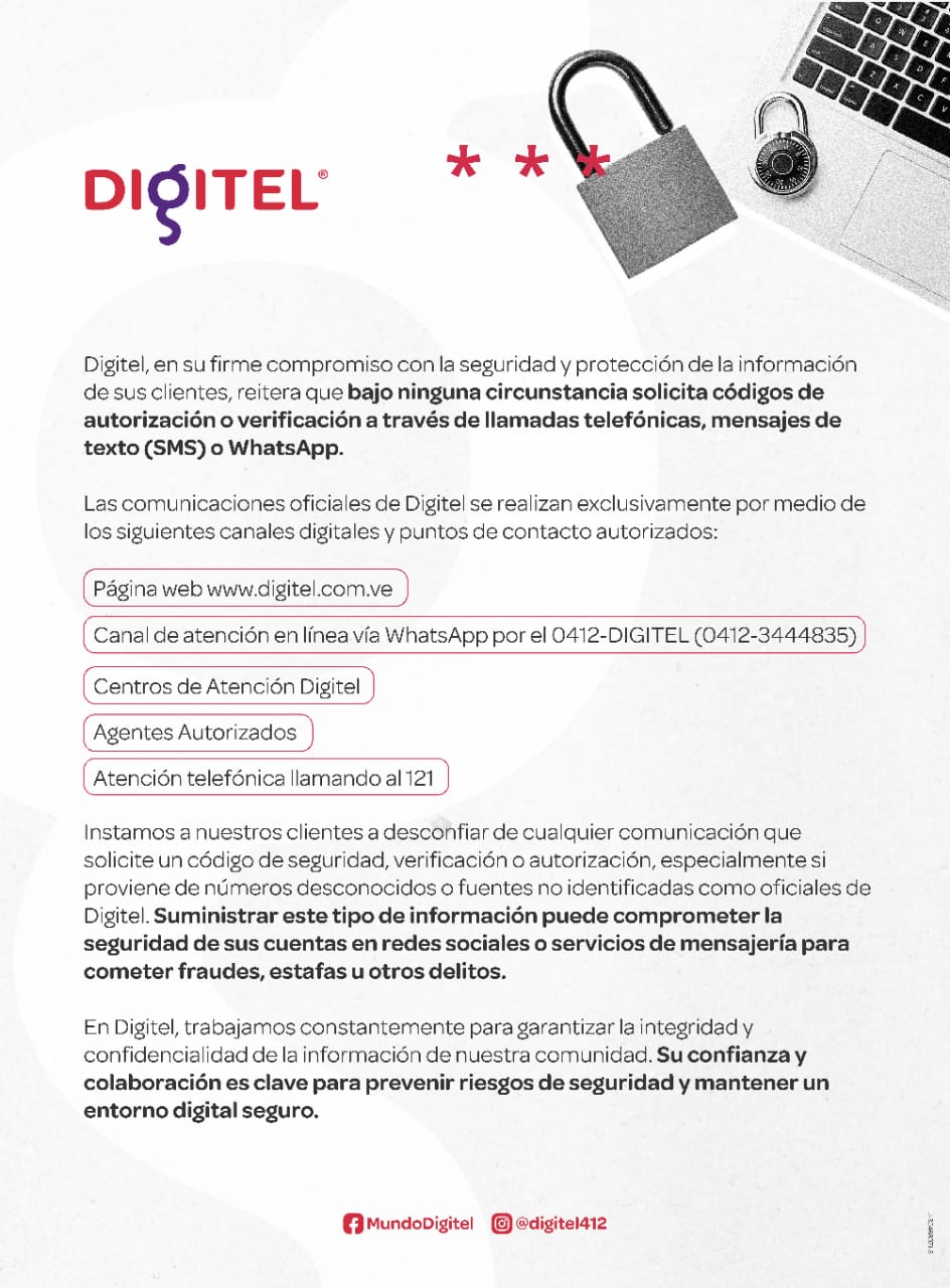 #Alerta: Digitel no solicita códigos de autorización o verificación por llamadas, SMS o WhatsApp