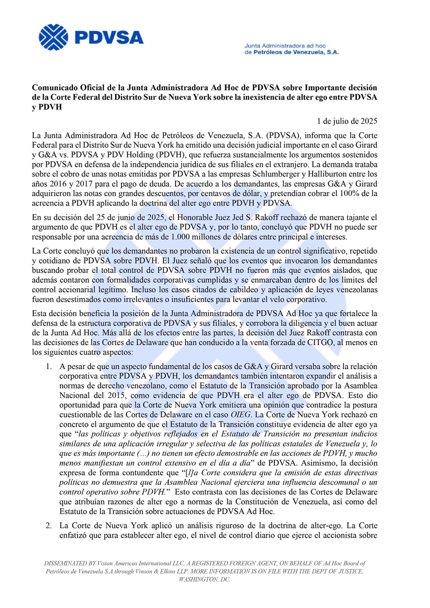 Corte Federal de Nueva York rechaza que PDVH es el alter ego de PDVSA