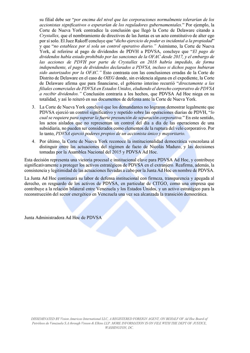Corte Federal de Nueva York rechaza que PDVH es el alter ego de PDVSA