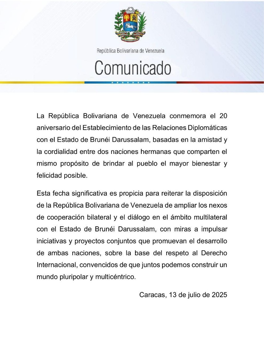 Venezuela manifiesta su disposición de ampliar nexos de cooperación con Brunéi (+comunicado)