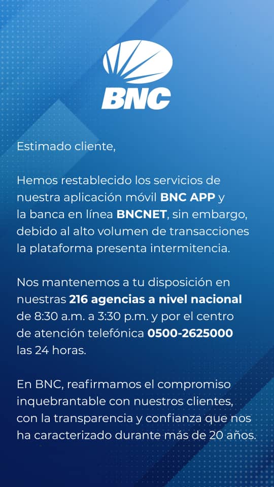 BNC restablece servicios de aplicación móvil y banca en línea