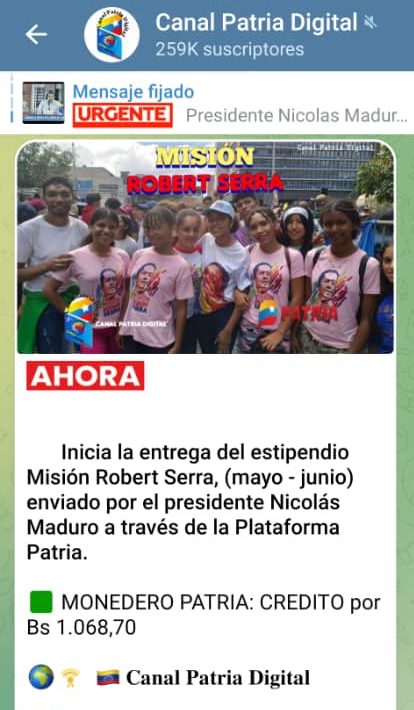 Pagan el estipendio «Misión Robert Serra» correspondiente a mayo-junio: equivale a US$9,59