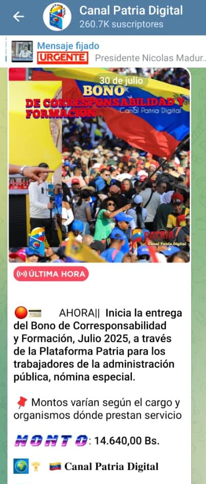 Aumentó 19,84% en bolívares: Pagan Bono Corresponsabilidad y Formación de julio a los trabajadores de nómina especial
