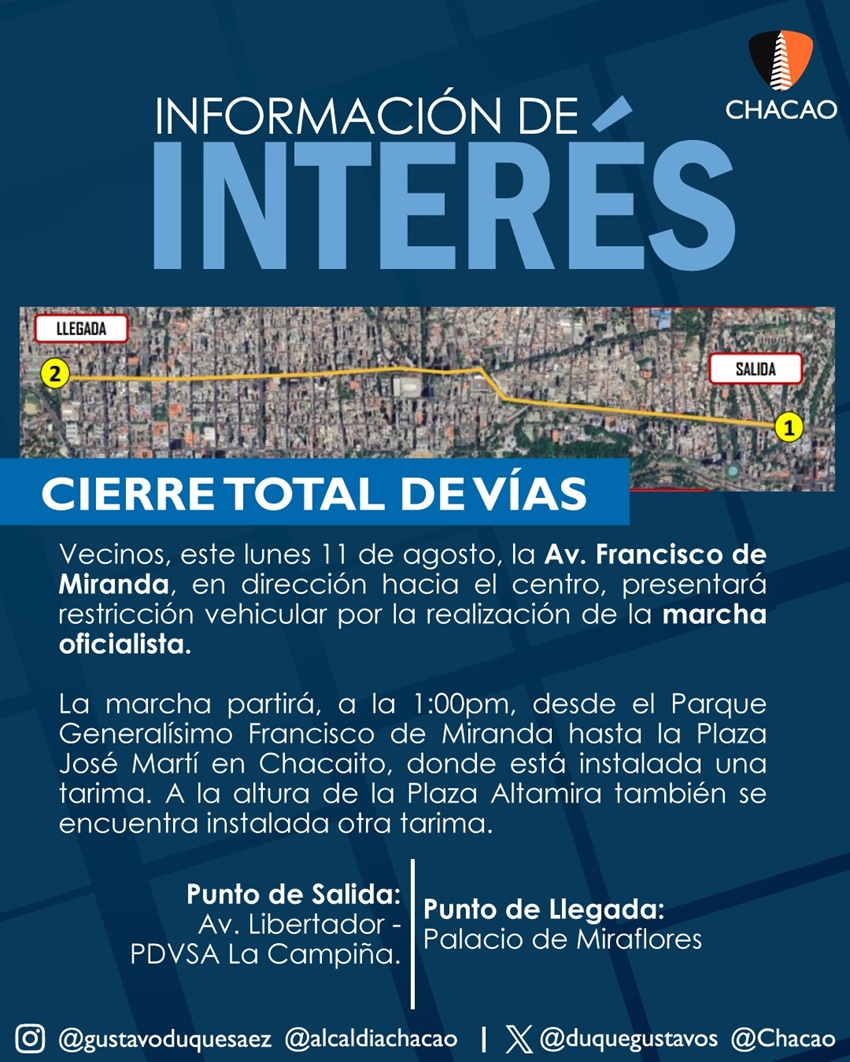 Av. Francisco de Miranda presentará restricción vehicular por la marcha convocada por el oficialismo