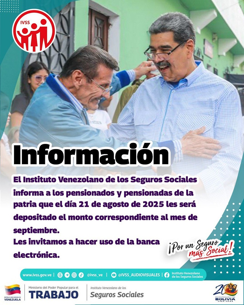 #Dato: IVSS pagará este #21Ago la pensión correspondiente a septiembre de 2025 (+detalles)