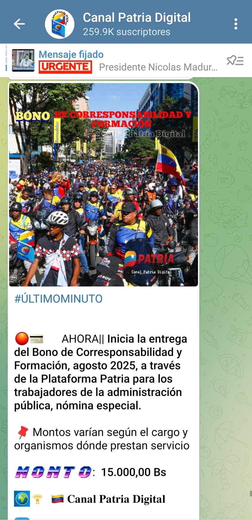 Por Bs. 15.000: Pagan bono de «Corresponsabilidad y Formación» de agosto a trabajadores de nómina especial
